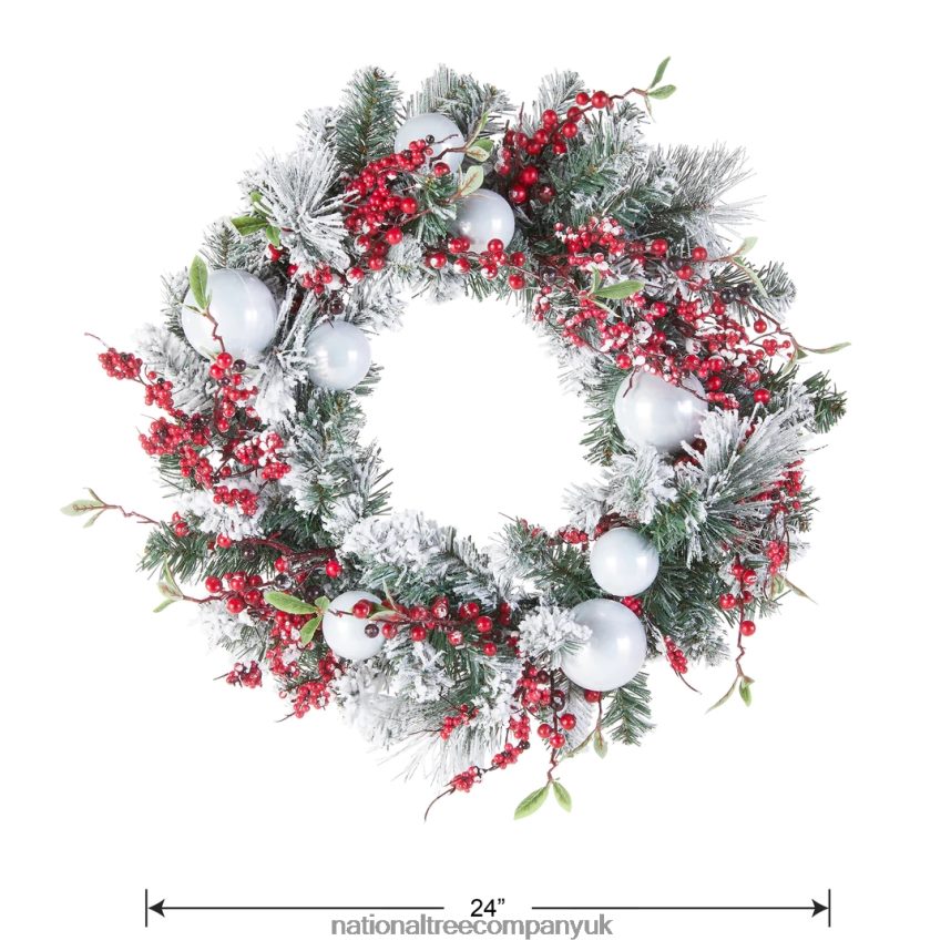 Greenery | National Tree Company Artificial Christmas Wreath Green Evergreen Decorated with Frosted Branches Ball Ornaments Berry Clusters Christmas Collection 24 Inches F2L4F275